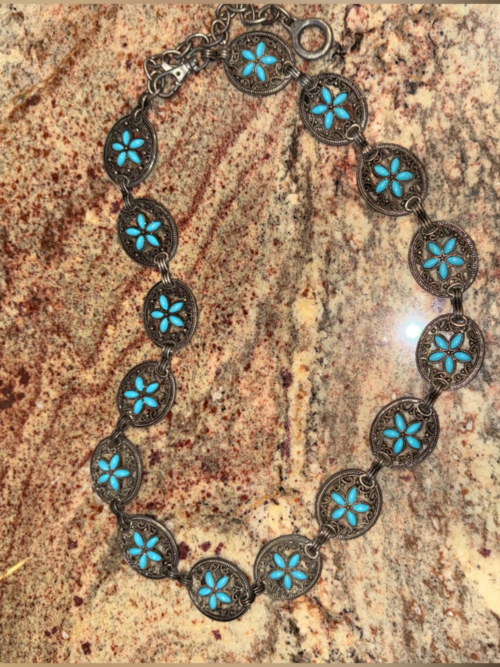 Vintage boho statement belt with turquoise-tone floral